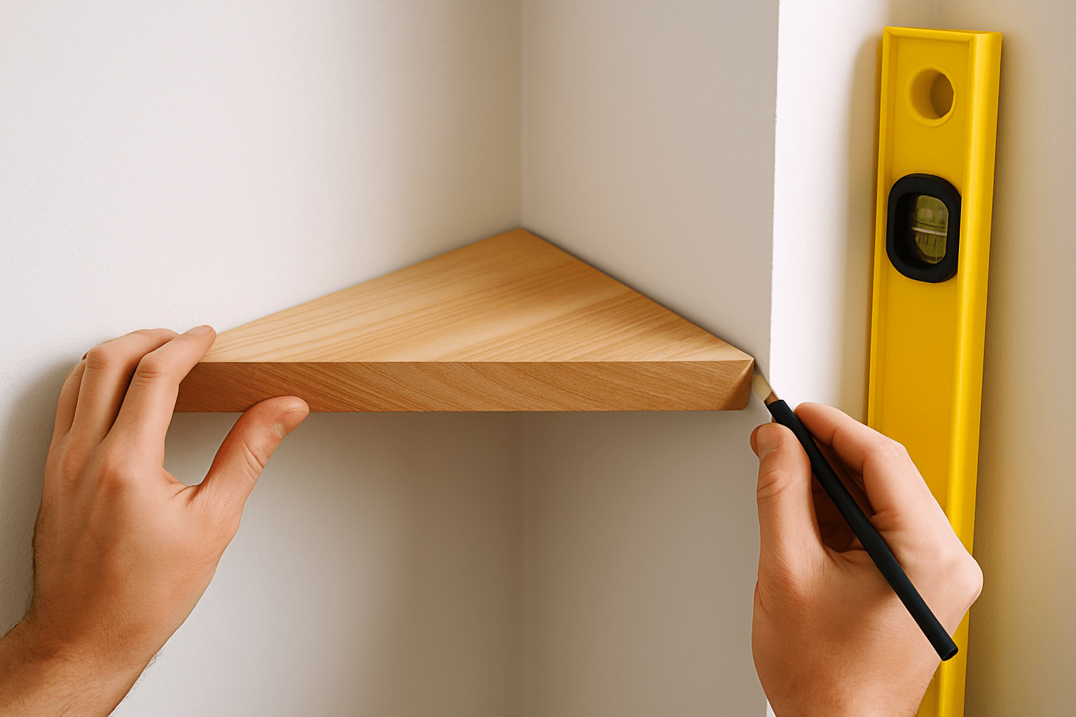 Marquage des points de fixation d’une étagère d’angle sur le mur