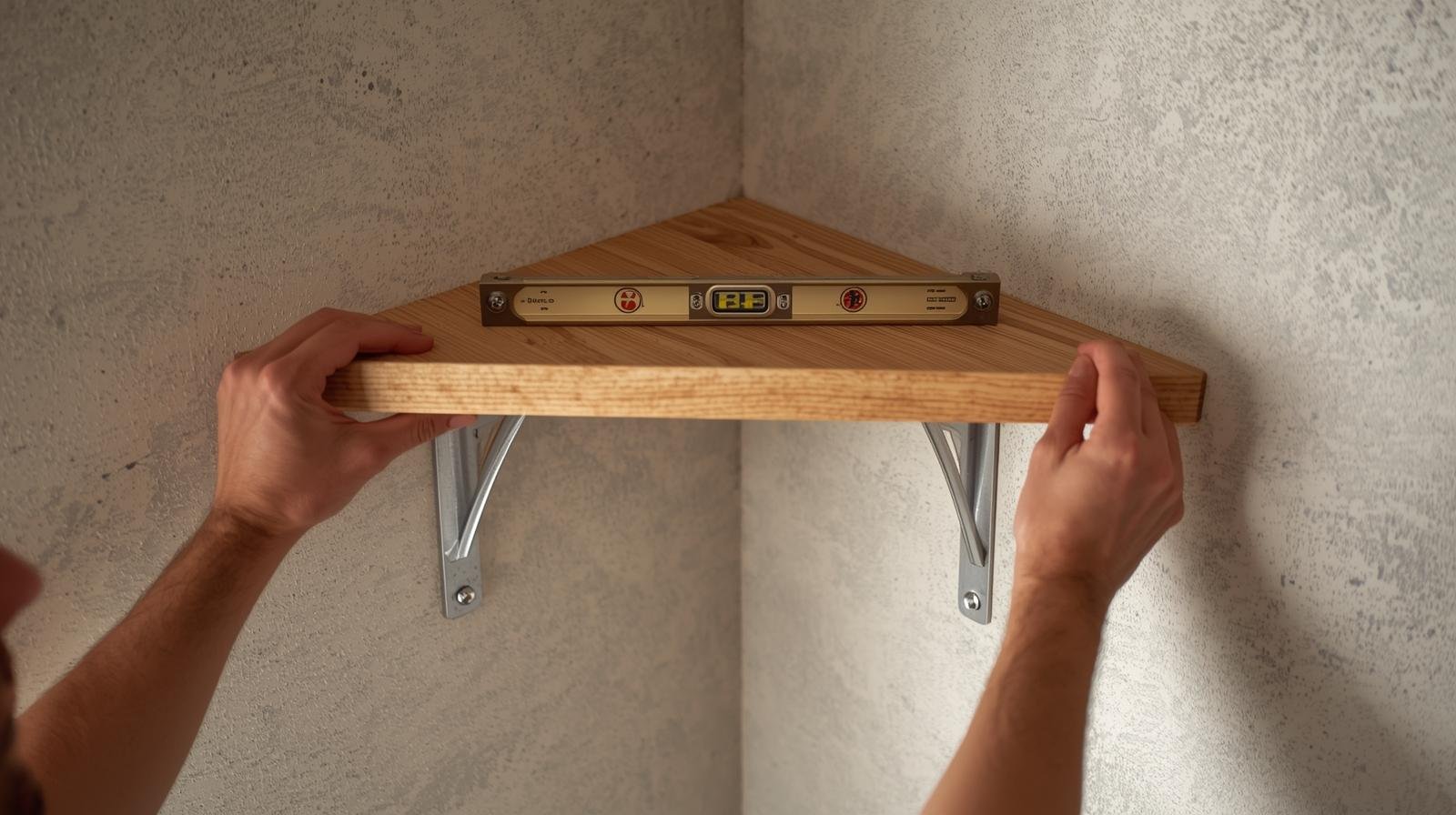 Installation finale de l’étagère d’angle sur les équerres